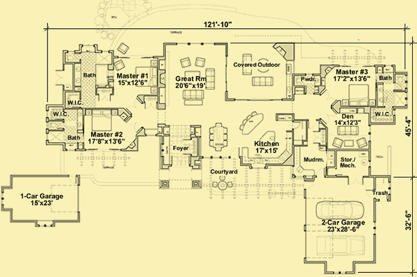 Main Level Floor Plans For One Story With Three Masters