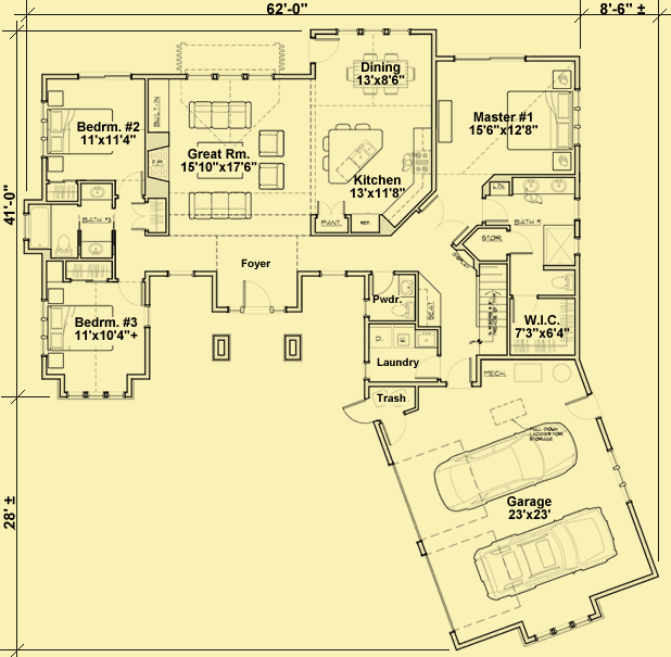 Main Level Floor Plans For Three Bedroom One-Story Craftsman